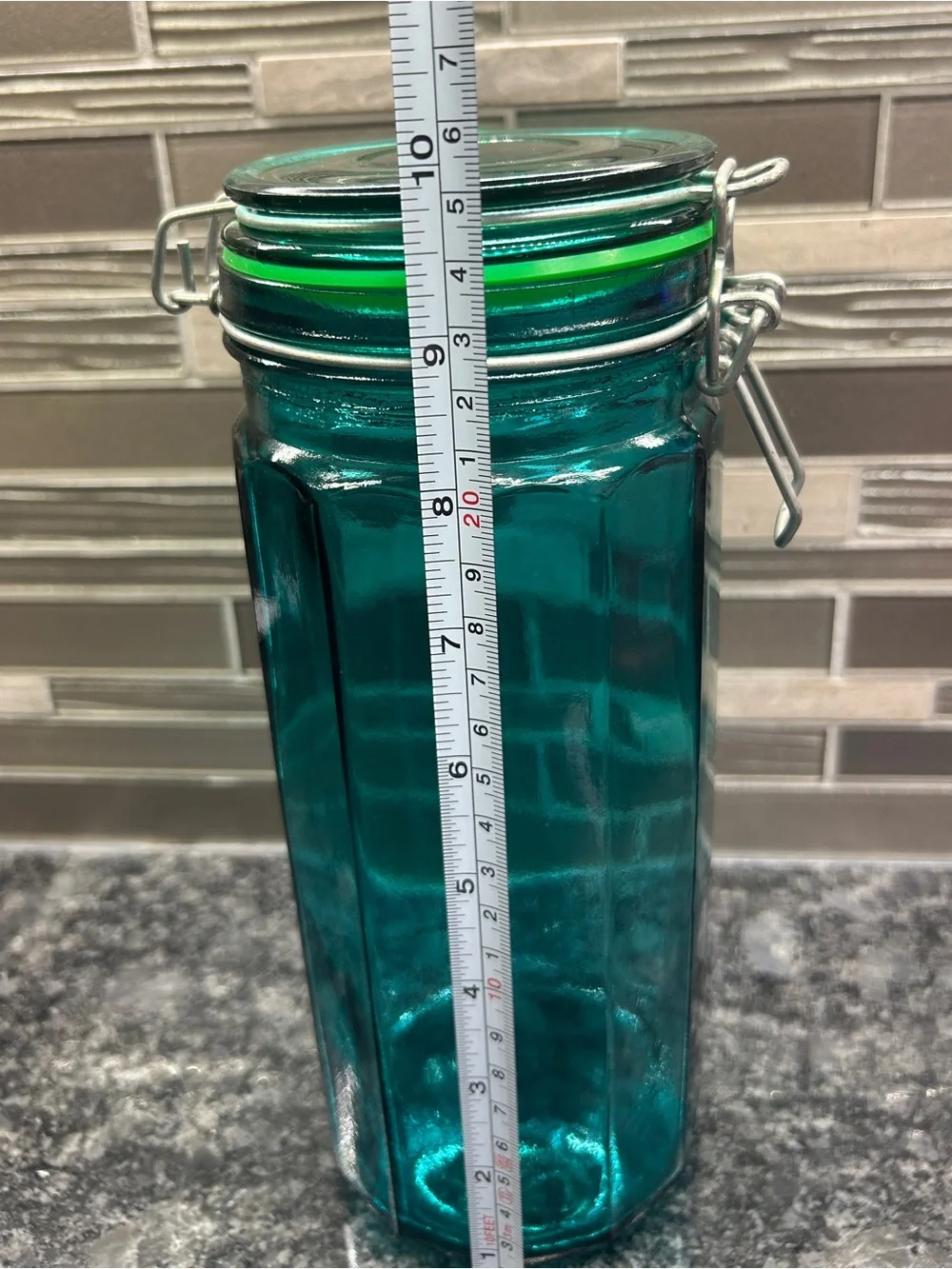 VINTAGE EMERALD GREEN GLASS 12 PANEL CANISTERS JAR WIRE BAIL HINGED LID New Seal